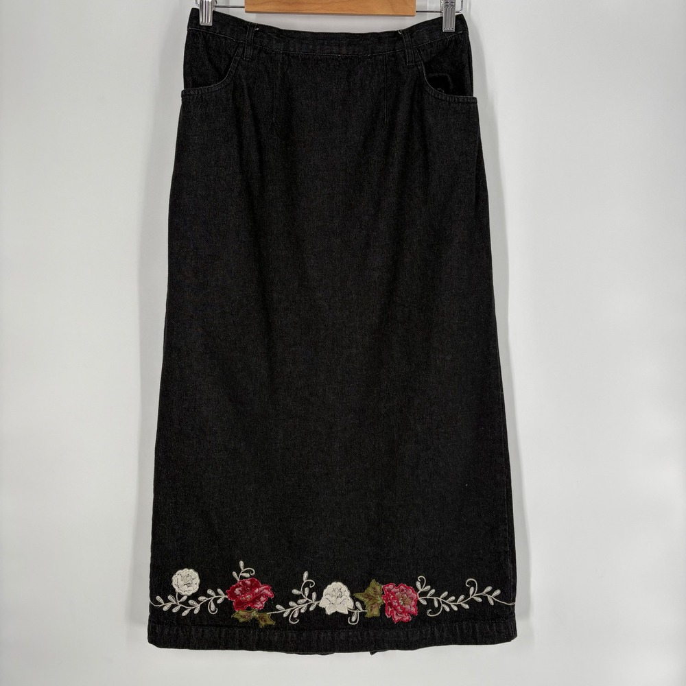 Denim & Co Womens Black Floral Embroidered Denim Maxi Skirt‎ Size M Rodeo Boho